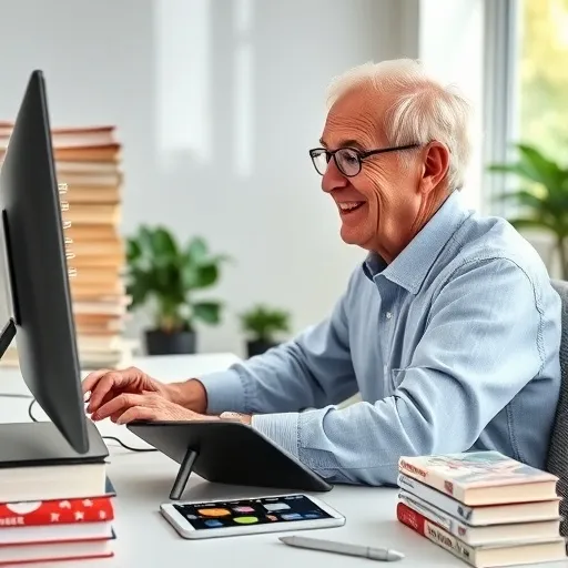 50대 후반에서 60대 초반의 직장인이 온라인 강의 플랫폼을 통해 프로그래밍, 외국어, 또는 새로운 업무 관련 기술을 배우고 있는 모습입니다. 집중하는 표정으로 컴퓨터 화면을 보고 있으며, 주변에는 관련 서적이나 태블릿이 놓여 있습니다. 미래를 준비하는 주도적인 태도와 배움의 즐거움을 동시에 담아냅니다. 약간 미래지향적인 학습 도구들을 포함해도 좋습니다.