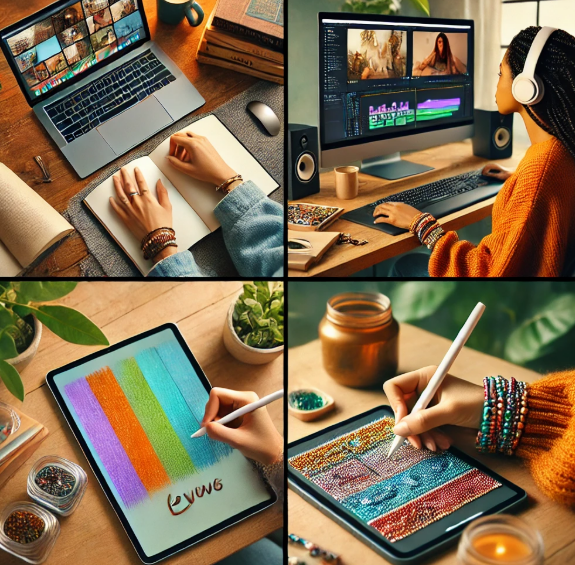 네 개로 분할 된 그림으로 글쓰기, 영상 편집, 그림, 비즈 디자인그림