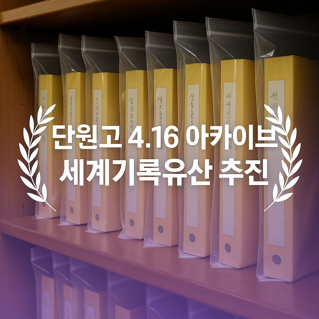 목재 책장에 정리된 자료 바인더 위로 은은한 보라 그래디언트와 월계 장식, ‘단원고 4.16 아카이브 세계기록유산 추진’ 문구가 조화롭게 배치됐습니다.