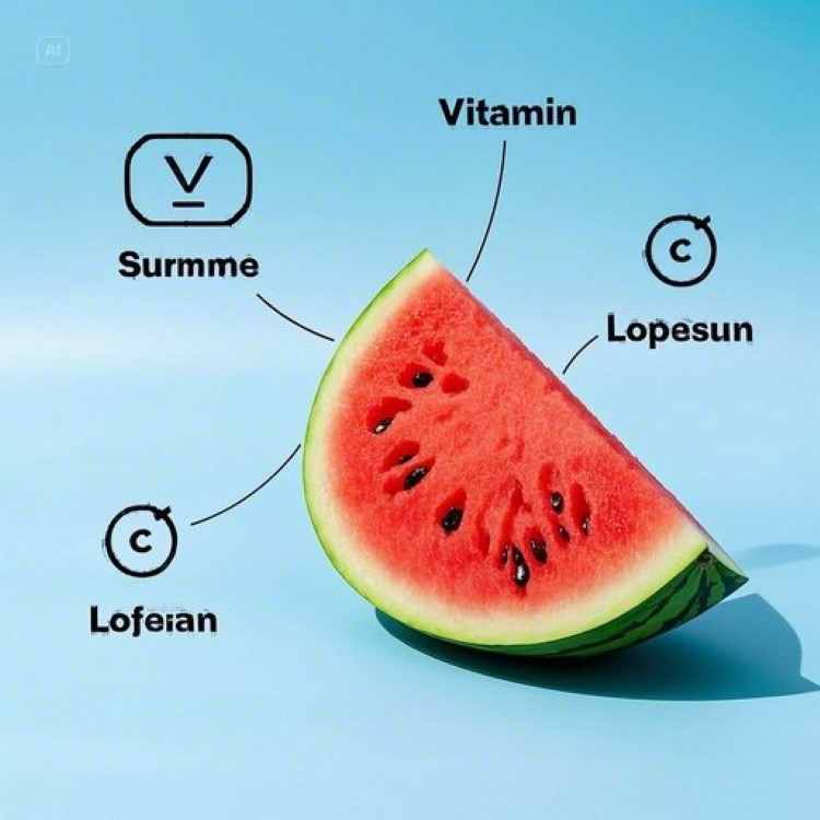 신선한 빨간 수박이 반으로 잘린 모습과 함께 영양 성분을 나타내는 아이콘들(비타민 C, 리코펜, 칼륨 등)이 수박 주위에 배치된 건강하고 시원한 느낌의 이미지. 배경은 밝은 파란색 또는 하얀색으로 깔끔하게 구성하여 여름의 청량감을 표현.