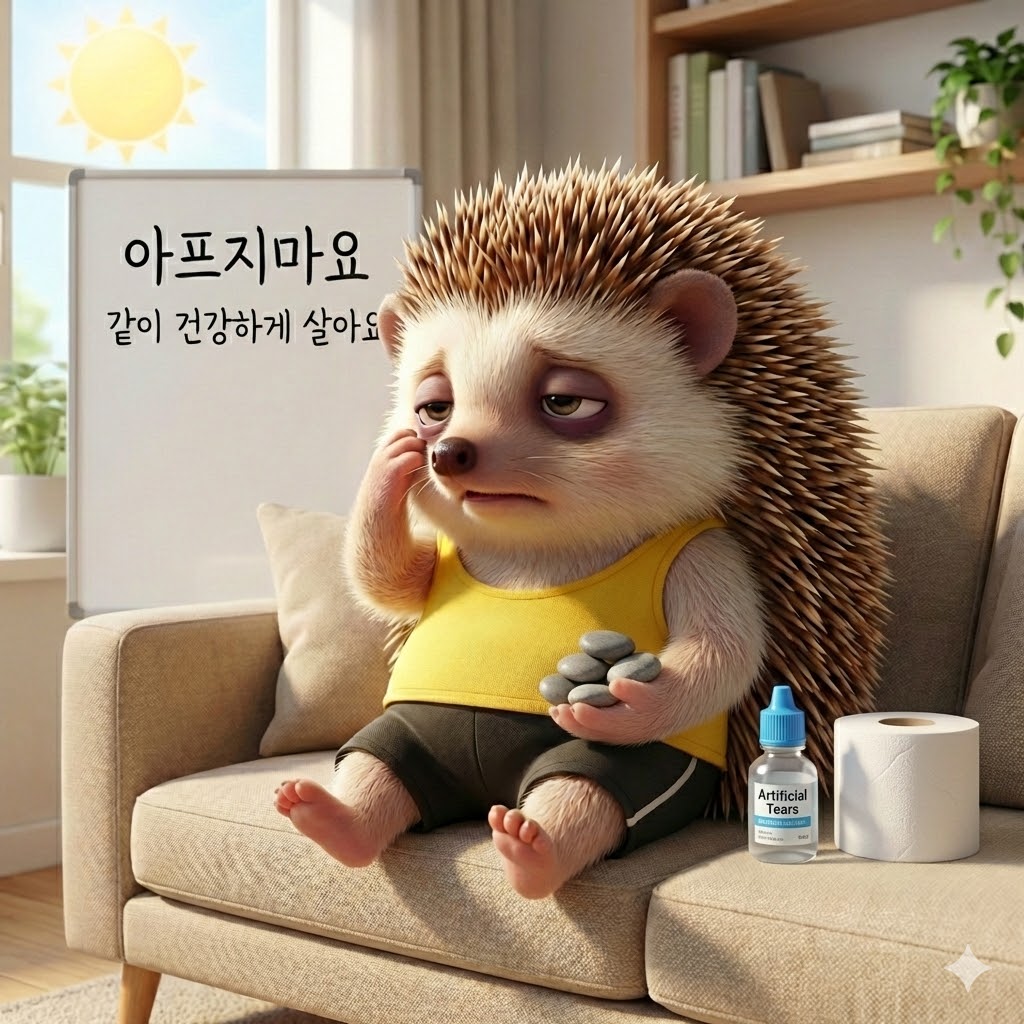 손에 안석이 있고 눈에 넣을 안약이 있는 모습