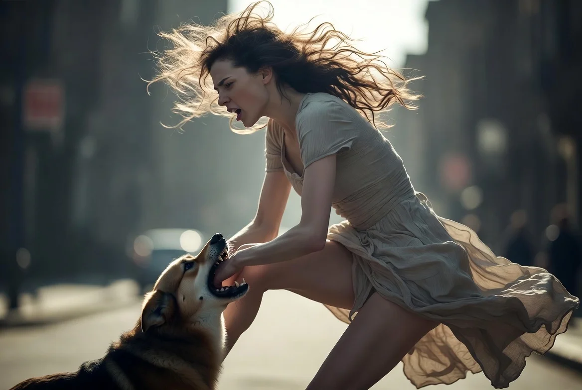 개한테 손이 물리는 여성의 모습 ai 이미지