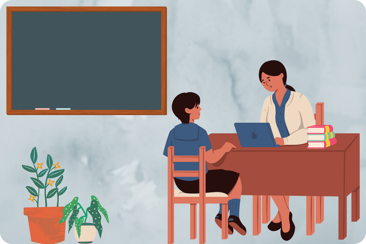 어린이-선생님-칠판-책상앞에서-상담하는-모습