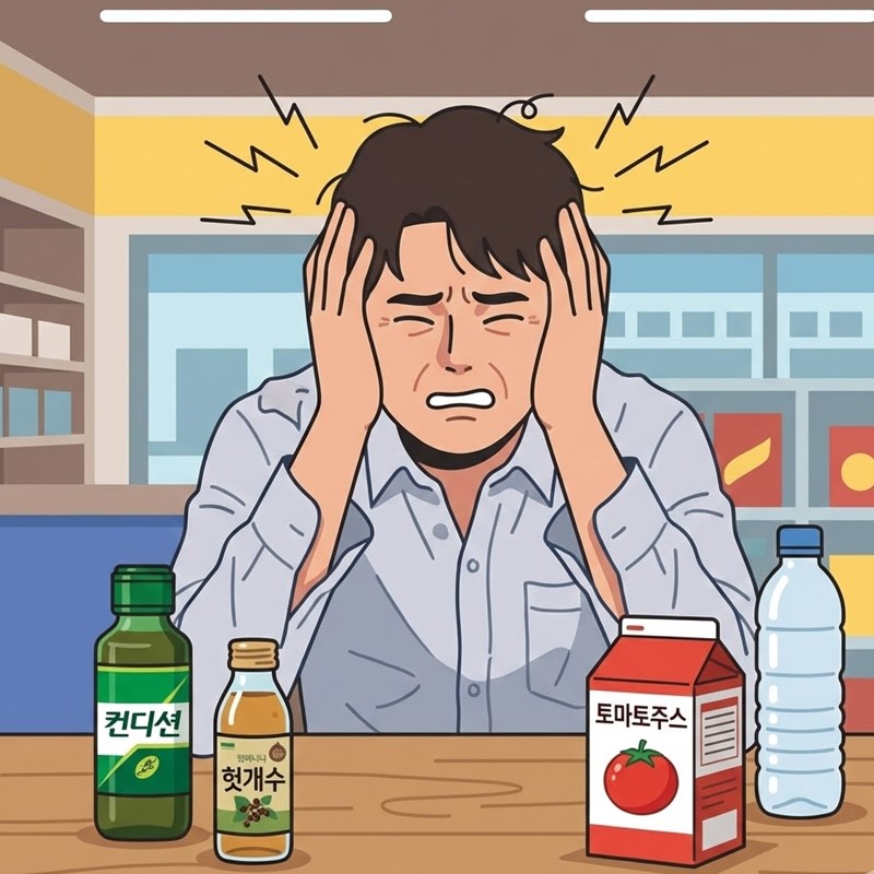 숙취로 머리를 감싸 쥐고 편의점 숙취해소제를 고르는 한국 남성 일러스트