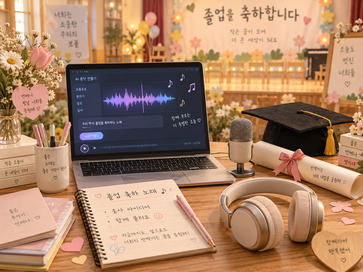 졸업을 축하하는 따뜻한 음악 작업실