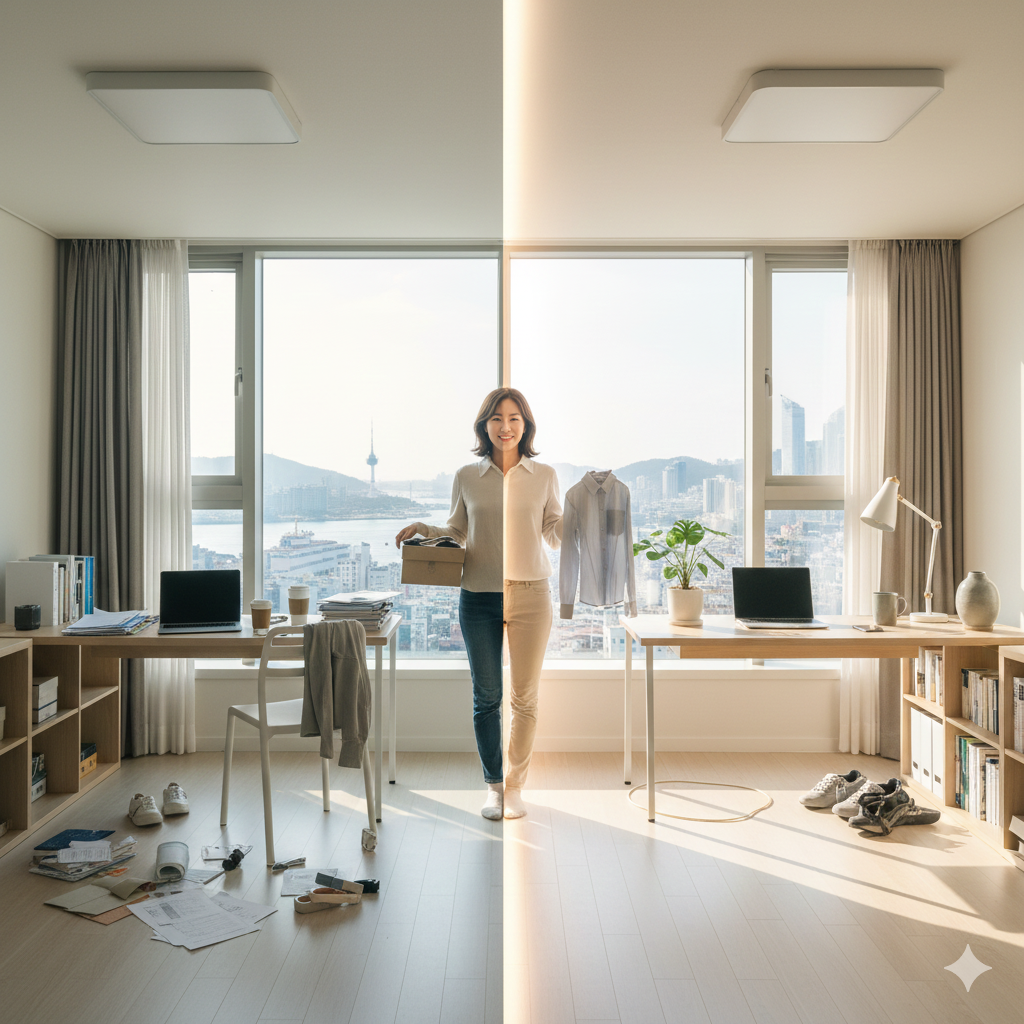 정리된 방과 정돈된 공간 에너지의 변화를 보여주는 미니멀한 인테리어 이미지 (이미지 생성:google)