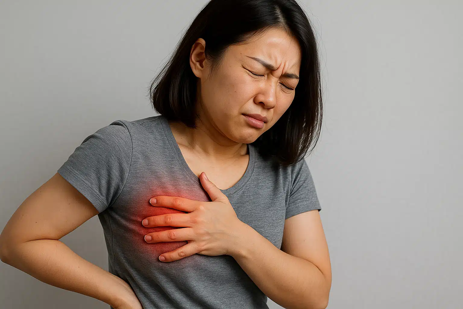 가슴 옆구리 근육을 손으로 주무르며 뻐근한 표정을 짓는 여성