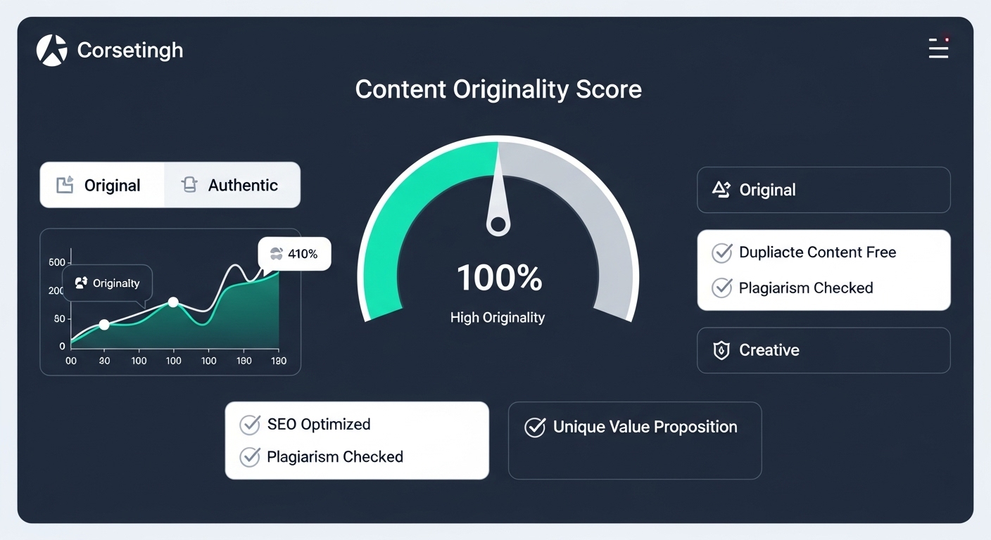 콘텐츠 독창성 점수가 100%로 표시된 디지털 대시보드