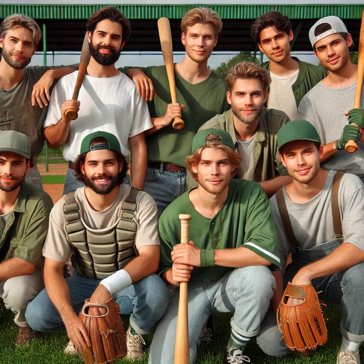 녹색 배트와 글러브를 든 아마추어 야구팀 단체사진