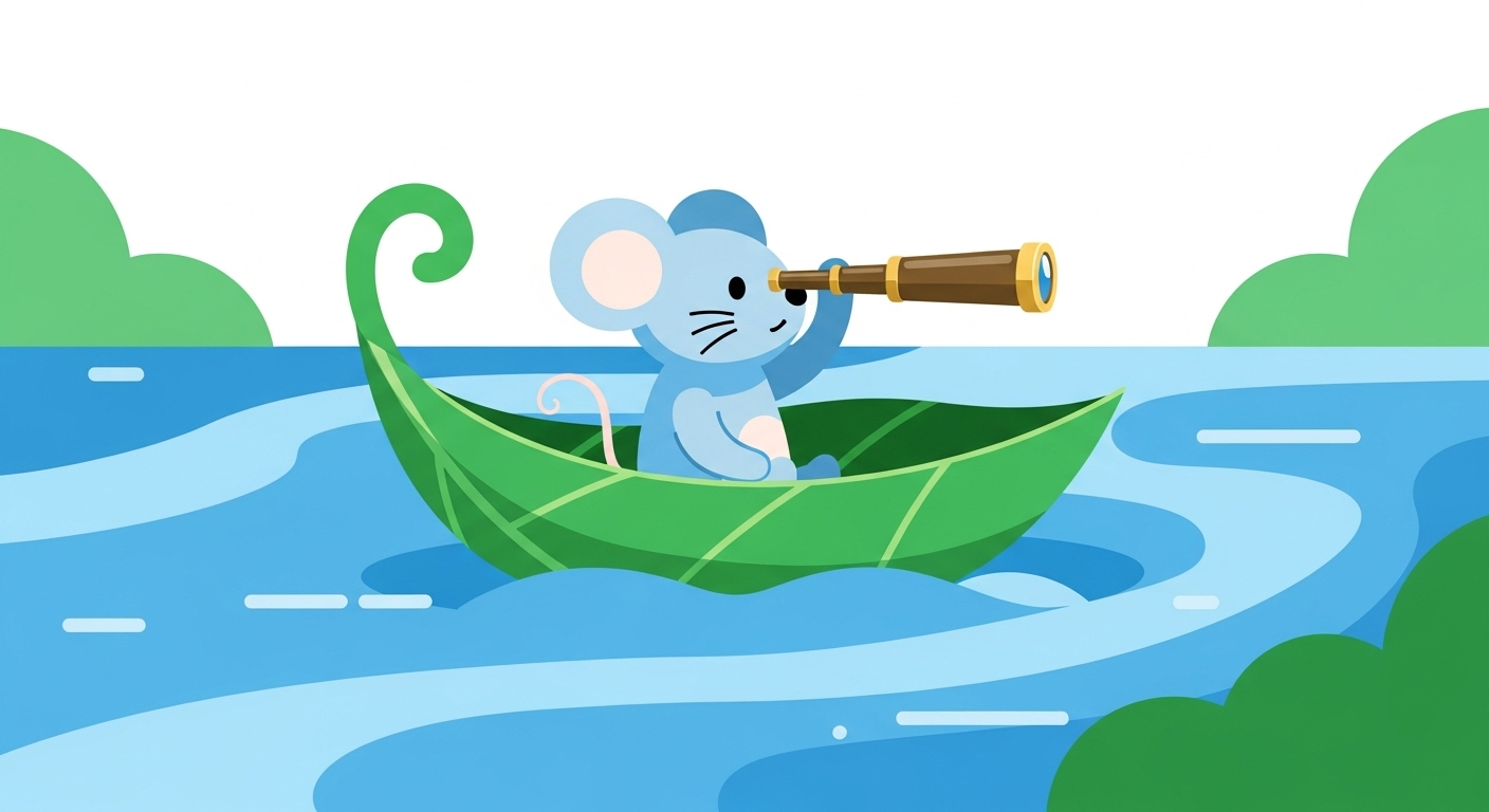 나뭇잎 배를 타고 강물을 유연하게 헤쳐나가며 망원경으로 앞을 내다보는 쥐 캐릭터 일러스트