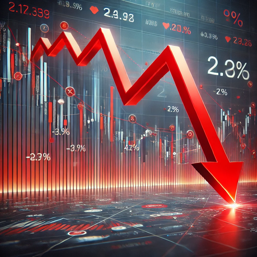 주식 시장 폭락 차트 - 붉은색 하락 추세선을 포함한 현실적인 금융 뉴스 스타일의 그래프. 데이터 포인트와 퍼센트 하락이 표시된 금융 위기 이미지.