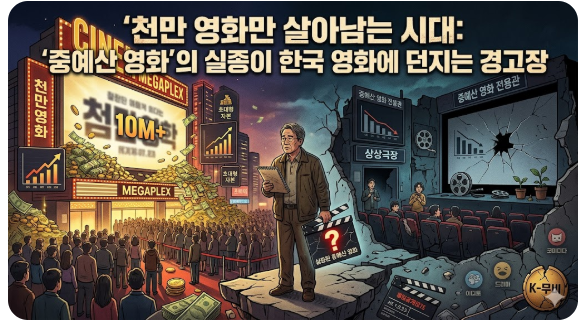 한국 영화 시장의 양극화 현상을 비판적으로 시각화한 블로그 썸네일입니다. 상단 중앙에는 '천만 영화만 살아남는 시대: 중예산 영화의 실종이 한국 영화에 던지는 경고장'이라는 제목이 적혀 있습니다.

이미지는 좌우로 극명하게 대비되는 구도를 가집니다. 왼쪽은 화려한 조명의 대형 멀티플렉스로, 10M+라는 문구와 함께 관객들이 구름처럼 몰려들고 돈다발과 우상향 그래프가 배치되어 초대형 자본의 성공을 상징합니다.

반면 오른쪽은 균열이 가고 어두운 소규모 상영관의 모습입니다. 중예산 영화 전용관이라는 간판 아래 객석은 텅 비어 있으며, 스크린은 깨져 있습니다. 우하향하는 그래프와 실종된 중예산 영화라는 문구가 적힌 슬레이트를 든 인물의 허탈한 표정을 통해, 허리가 사라진 한국 영화 산업의 위기감을 강렬하게 전달합니다.