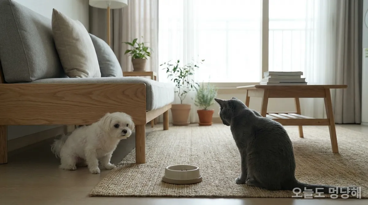 스트레스 받은 듯 소파 뒤에 숨어 있거나 밥그릇을 외면하는 강아지와 고양이의 모습.