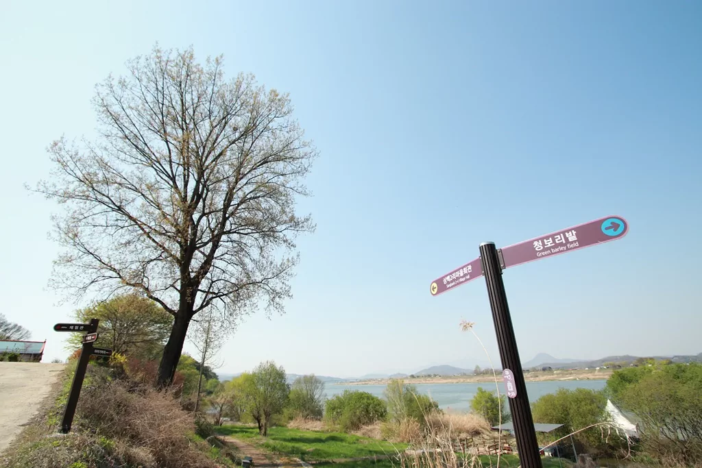 여주 여강길 6코스 후반 지점 상백리 마을 앞 평화로운 여강 풍경 사진.