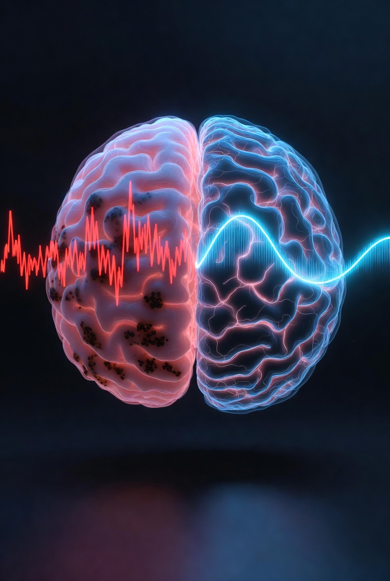 왼쪽은 불규칙하게 요동치는 붉은 파동, 오른쪽은 잔잔하고 일정한 푸른 파동이 흐르는 뇌의 모습. 수치 변동성이 뇌 건강에 미치는 영향을 상징적으로 표현함.