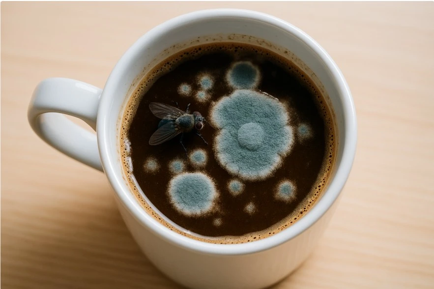 텀블러 안 곰팡이가 핀 커피와 뚜껑