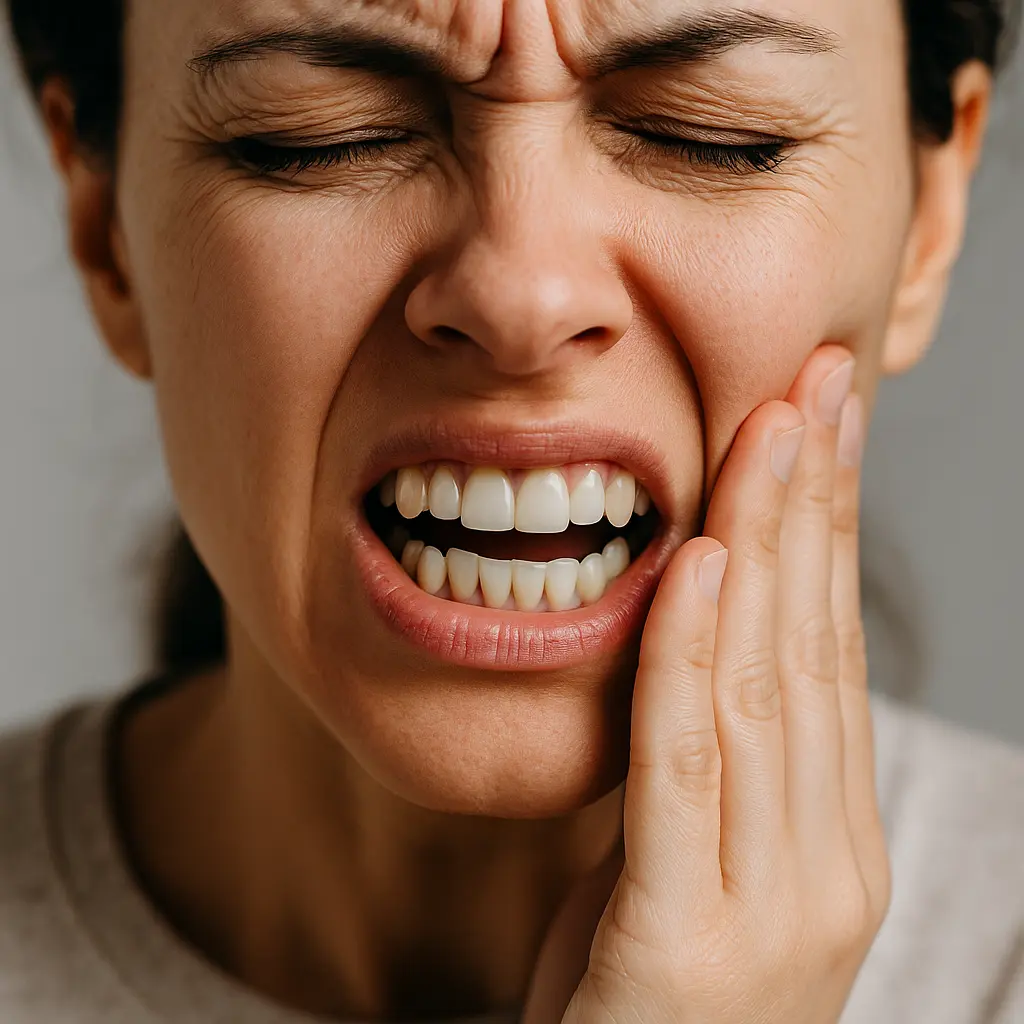 치통으로 얼굴을 찡그리며 뺨을 누르고 있는 여성의 극심한 통증 표정 클로즈업 실사 이미지