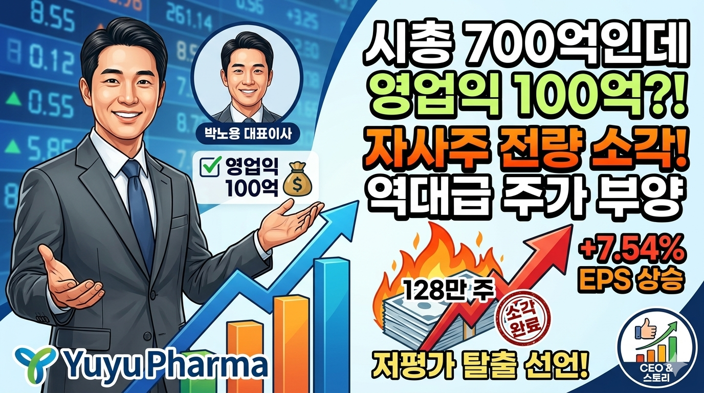 영업이익 100억 대비 시가총액 700억이라는 극심한 저평가 상태와 이를 타개하기 위한 '자사주 전량 소각'이라는 핵심 모멘텀을 직관적으로 표현했습니다. 유유제약 로고와 'CEO&amp;스토리' 아이콘을 더해 신뢰도를 높였습니다.