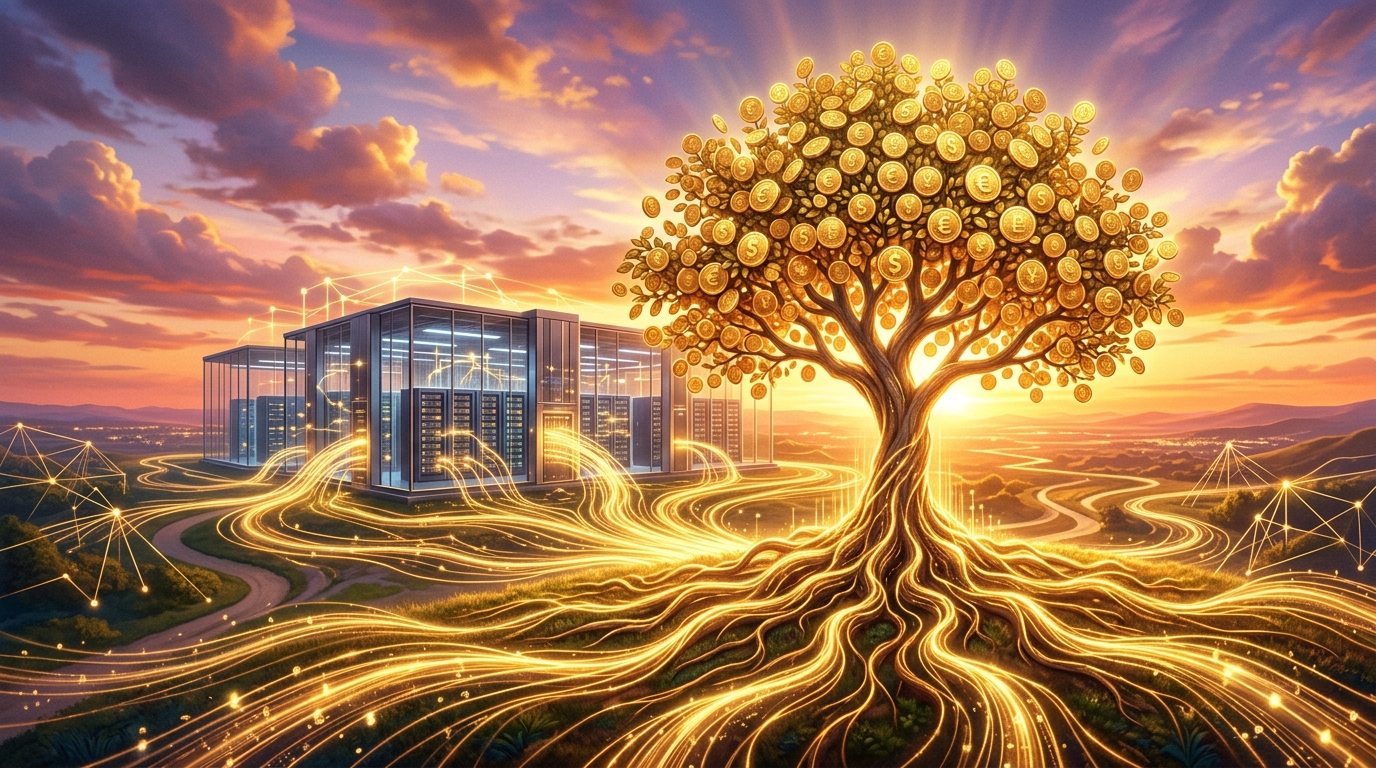 거대한 빛의 줄기가 데이터 센터를 휘감고 그 끝에 황금빛 결실을 맺는 나무 이미지
