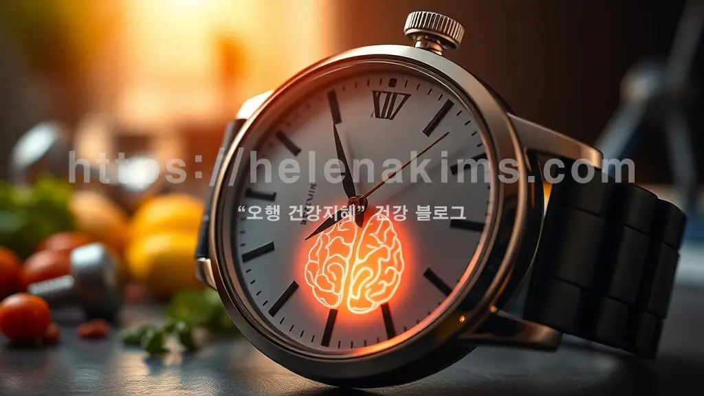 초침 아래에는 뇌 실루엣이 있고, 배경에는 건강한 식단과 규칙적인 운동을 상징하는 요소들이 놓인 이미지.
