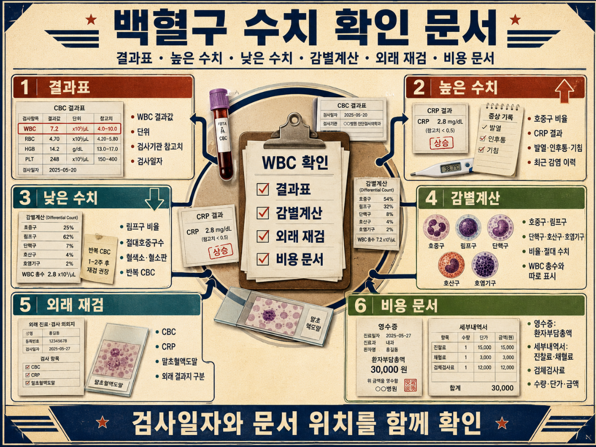 백혈구 결과표, 높은 수치와 낮은 수치, 감별계산, 외래 재검, 비용 문서까지 한 장으로 정리한 종합 요약 인포그래픽