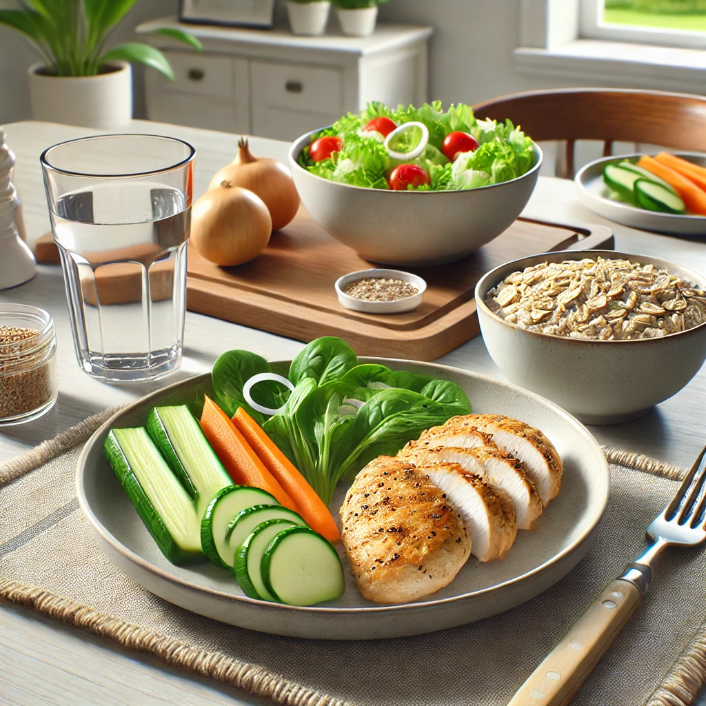 위 건강에 좋은 식단 (구운 닭고기, 찐 채소, 오트밀)