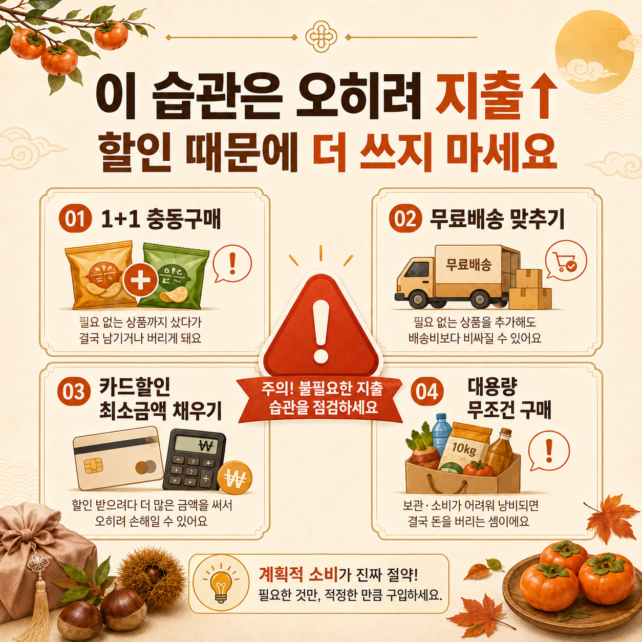 추석 장보기에서 1+1 무료배송 카드할인 때문에 지출이 늘어나는 습관을 설명한 이미지