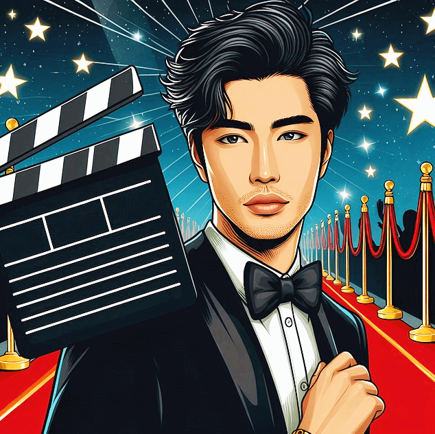 잘생긴 남자배우가 검정 양복을 입고 레드카펫에서 포즈를 취하고 있다. 주변엔 하얀 별들이 가득하다.