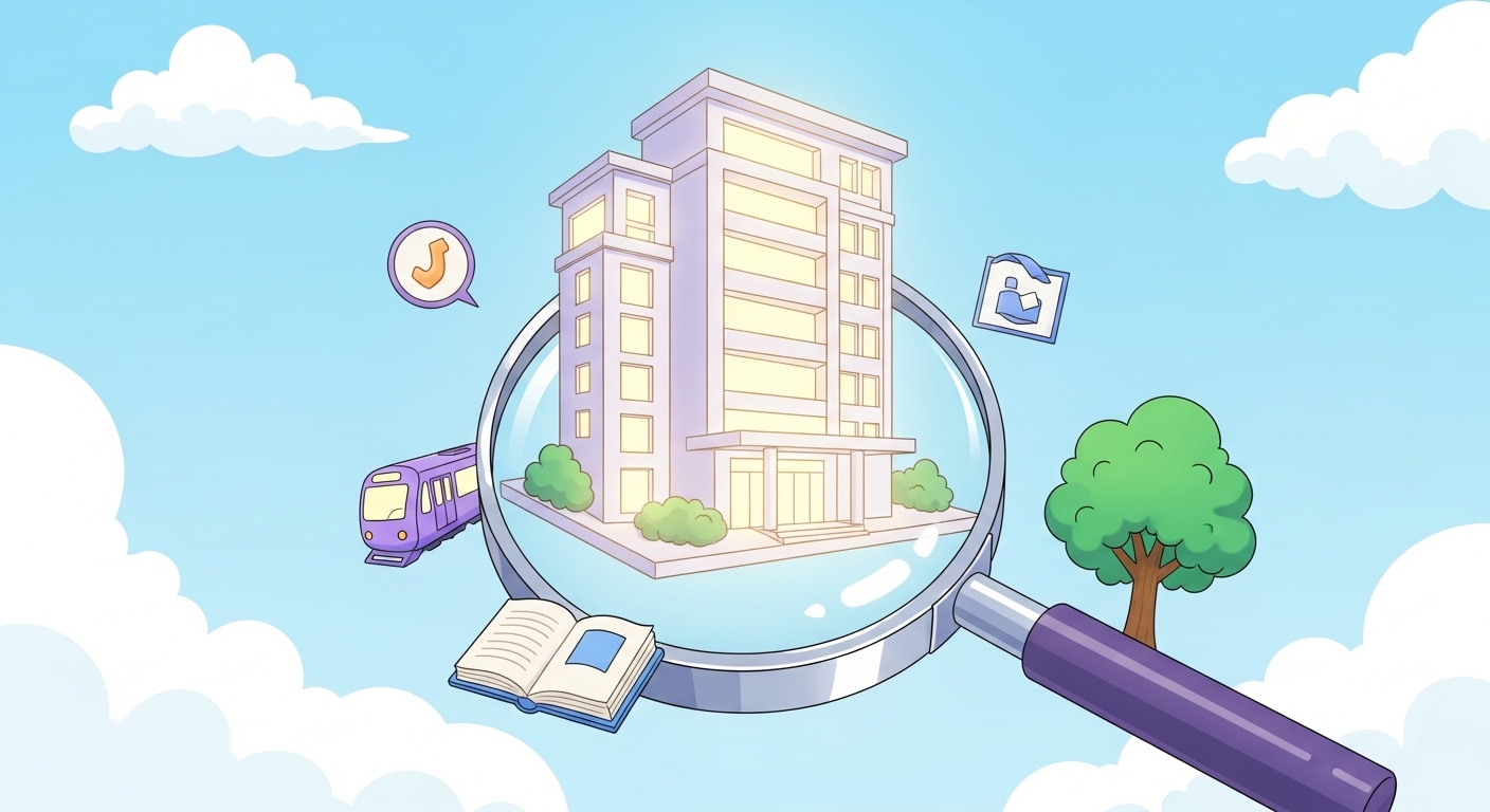 부동산 투자 전 필수 지식인 아파트 임장 가이드와 객관적인 주변 입지 분석법을 시각화한 재테크 일러스트