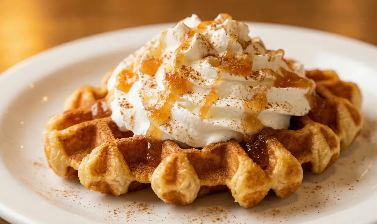 생크림과 시럽이 듬뿍 올라간 두툼한 크로플과 와플 디저트.