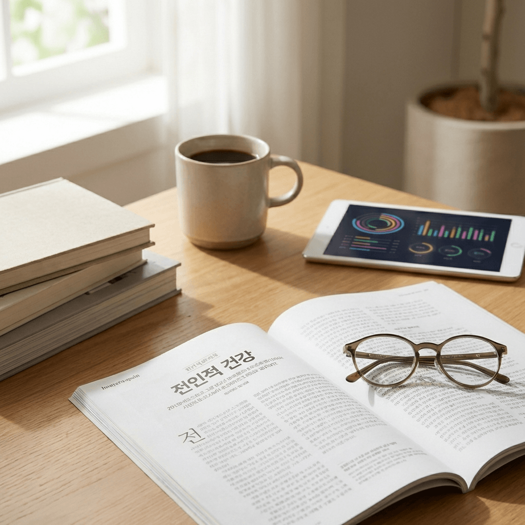 건강 정보 판별력을 상징하는 책 신문 태블릿이 놓인 데스크 사진
