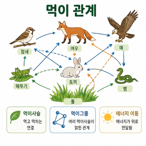 풀과 초식동물, 육식동물로 이어지는 먹이사슬과 여러 먹이 관계가 얽힌 먹이그물을 설명한 이미지