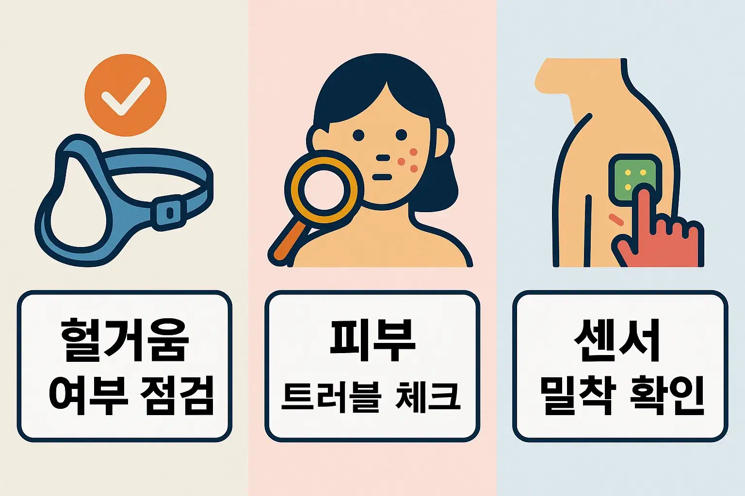스마트워치 시계줄 교체 뒤 헐거움 여부 확인, 피부 트러블 점검, 센서 밀착 상태 확인 등 착용 안정성과 건강 기능 정확도를 위해 꼭 확인해야 할 핵심 점검 포인트를 담은 안내 이미지