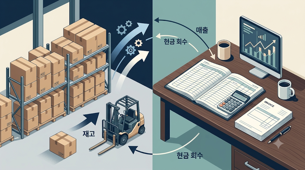 매출채권과 재고자산의 차이를 보여주는 창고 재고와 미수금 장부 일러스트