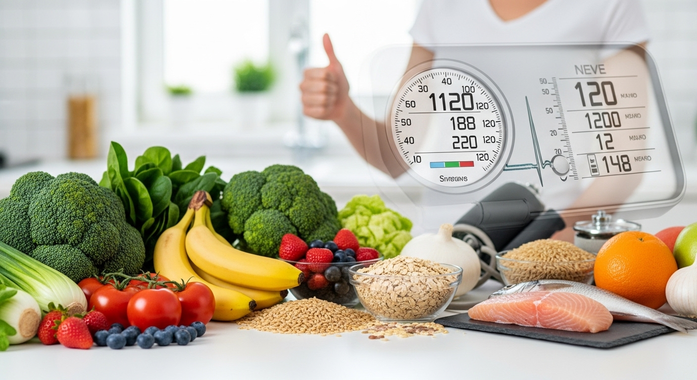 'OO박사'의 고혈압 완화 식단에 사용되는 신선한 채소, 과일, 통곡물 등이 놓인 건강한 주방 풍경. 혈압 건강을 상징하는 밝고 활기찬 이미지.