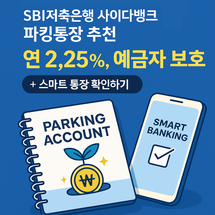SBI저축은행 사이다뱅크 파킹통장을 소개하는 디지털 일러스트 이미지로, 금리 혜택과 예금자 보호 문구가 강조된 신뢰감 있는 금융 홍보 디자인