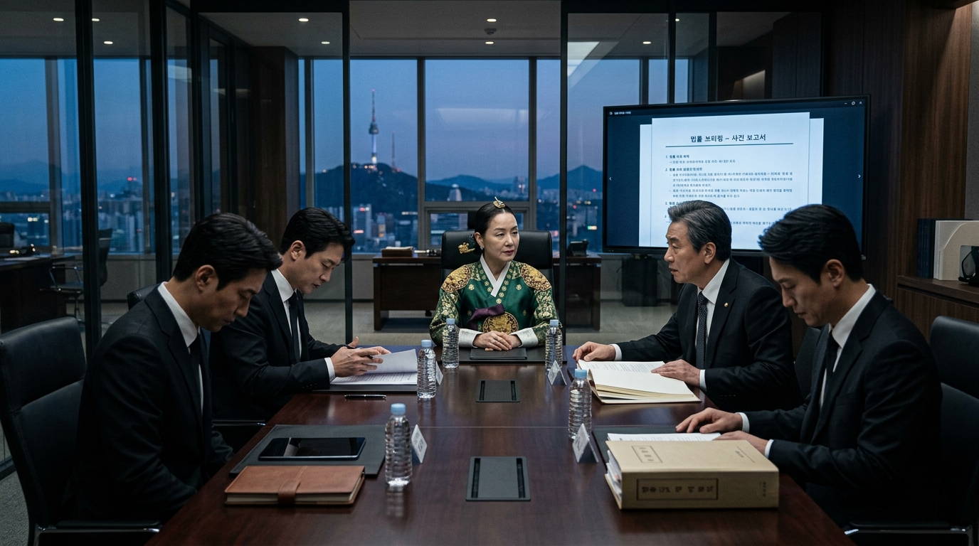 현대 대형 로펌 회의실에서 변호사들의 보고를 받는 21세기대군부인 연출컷