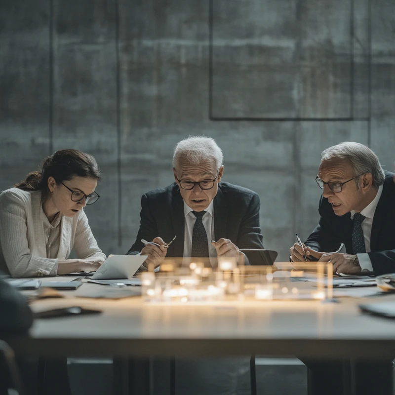 주요 국가 간의 지정학적 무역 긴장을 논의하는 투자자 회의 장면은 긴박한 분위기를 통해 투자자들에게 위험 요인을 경고합니다. 글로벌 무역 문제와 관련된 전략적 고려 사항을 강조합니다.