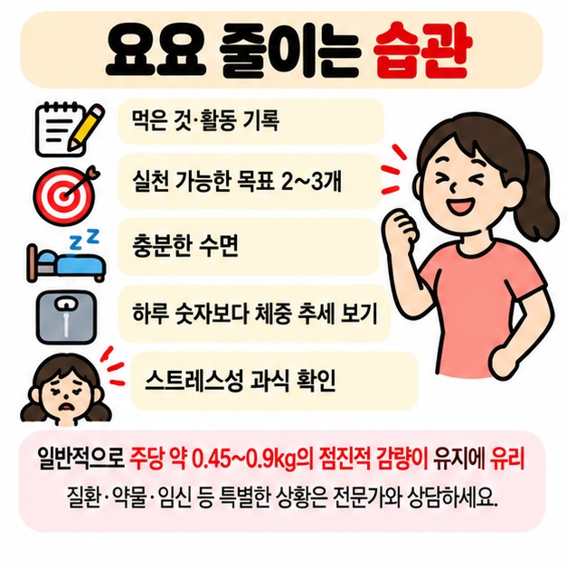 식사 기록 구체적인 목표 규칙적인 수면 체중 추세 확인과 스트레스 관리를 요요 줄이는 습관으로 보여주는 카드