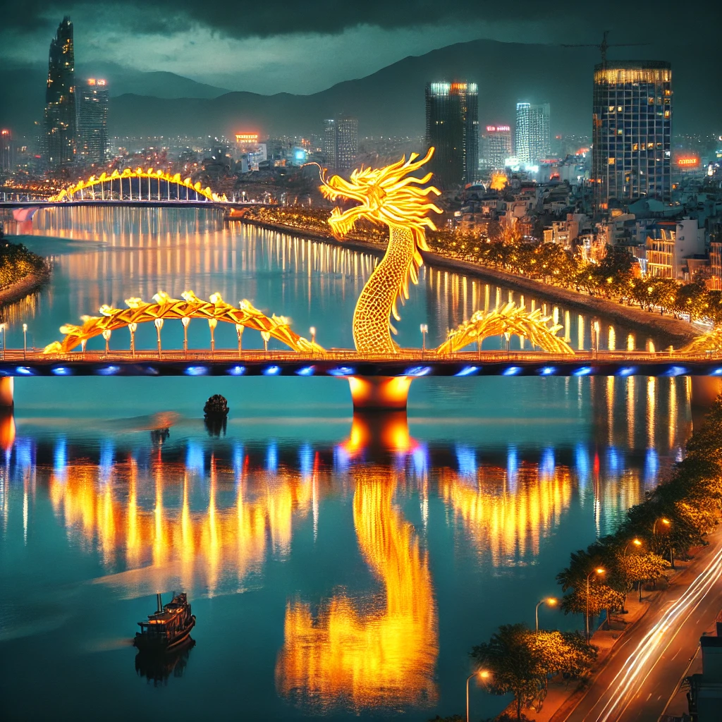 다낭의 반짝이는 한강 야경과 화려한 용다리