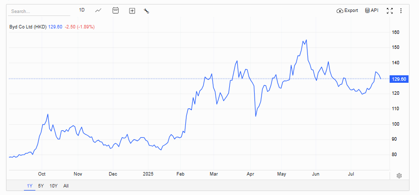 BYD (비야디, 전기차 선두) 최근 1년 주가그레프