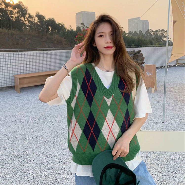 프리티글라라 아가일 여성 조끼 간절기 니트 v넥 vs-06