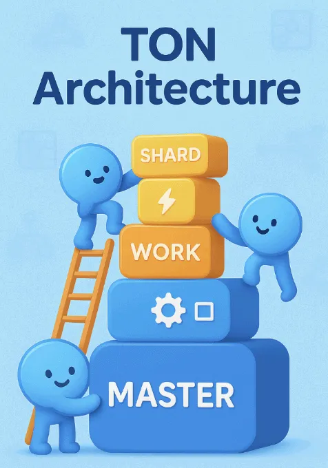 &lsquo;TON Architecture&rsquo;라는 제목 아래, 파란색과 주황색 블록 위에 &lsquo;MASTER&rsquo;, &lsquo;WORK&rsquo;, &lsquo;SHARD&rsquo;가 적힌 블록을 캐릭터들이 차례대로 쌓고 있는 픽사풍 일러스트. 이 이미지는 TON 블록체인의 계층형 구조인 Masterchain, Workchain, Shardchain의 관계를 시각적으로 직관적으로 전달하며 블로그의 TON 아키텍처 설명 섹션과 관련된 내용을 설명함 (ton architecture, blockchain structure, masterchain workchain shardchain)