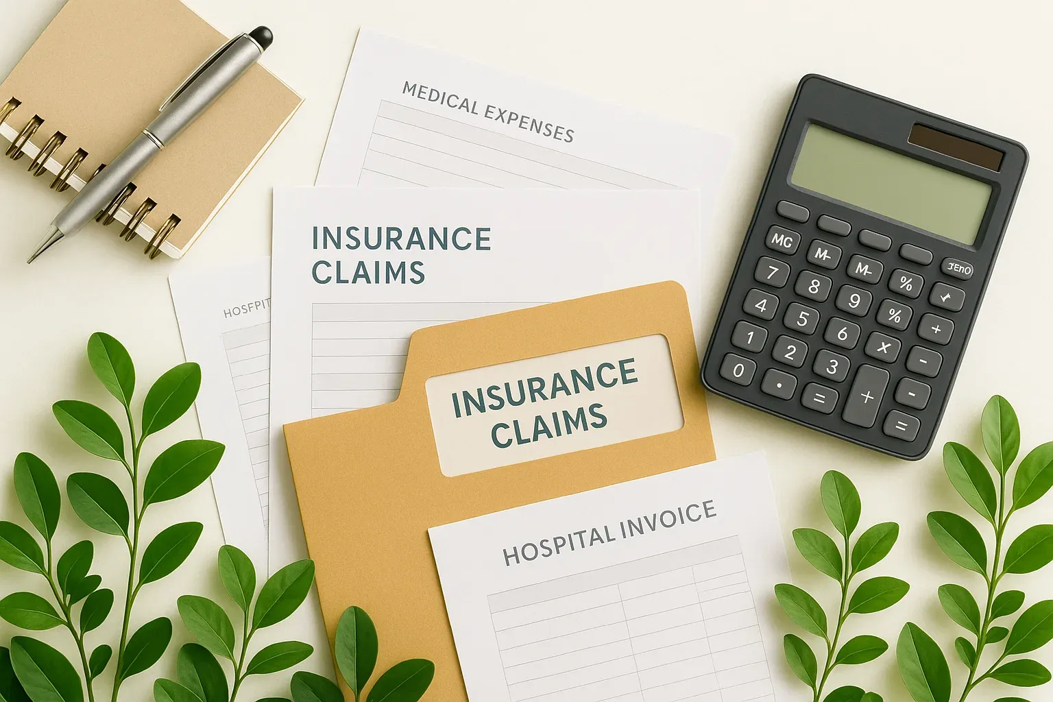 보험금 청구 서류 준비와 계산기, 병원비 명세서까지 정리된 모습