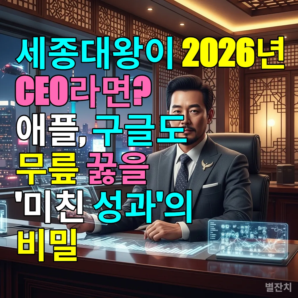 2026년 서울의 최첨단 오피스에 앉아 태블릿으로 데이터를 분석하고 있는 현대적 정장을 입은 세종대왕 CEO의 모습