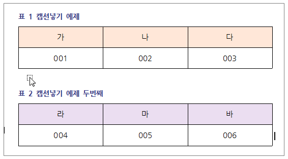 한글 캡션 설정 표번호 그림번호