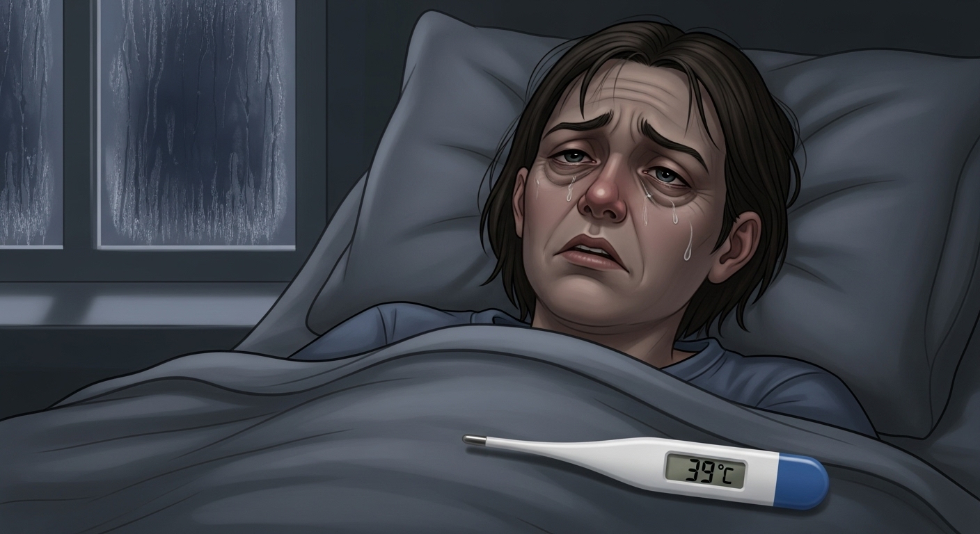 고열과 몸살로 힘들어하는 독감 환자의 모습