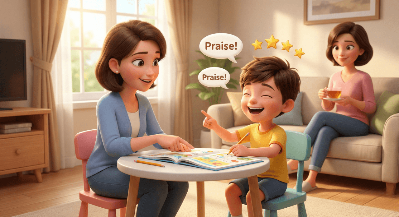 집 거실에서 방문 학습지 선생님과 마주 앉아 칭찬을 들으며 즐겁게 문제를 풀고 있는 아이의 모습. 엄마는 멀리서 흐뭇하게 바라봄.