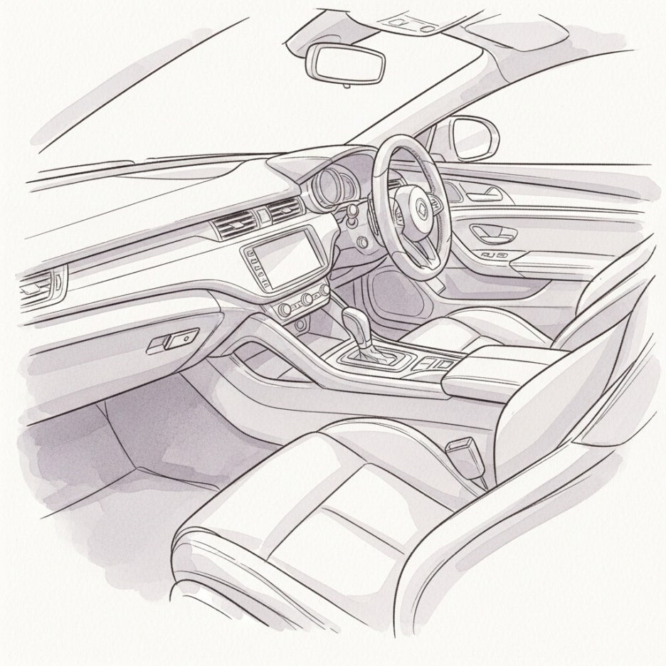세련된 회색 톤의 자동차 앞좌석을 묘사한 수채화 스케치
