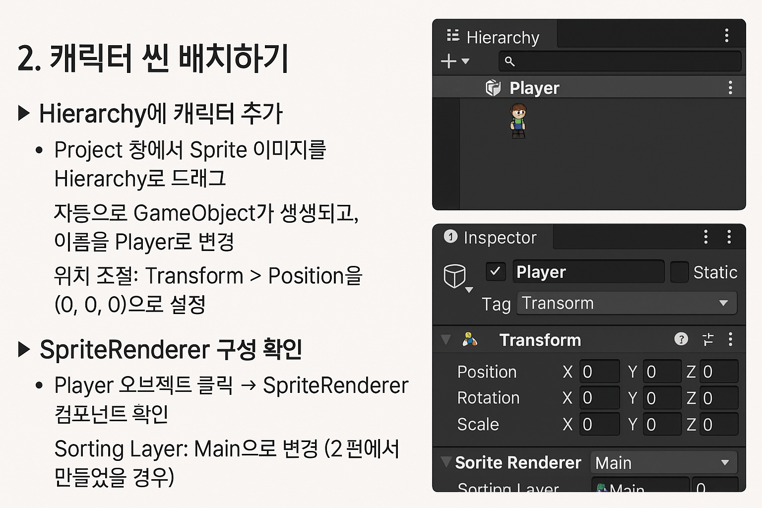 Unity Inspector에서 SpriteRenderer 컴포넌트를 확인하고 Sorting Layer를 설정하는 화면